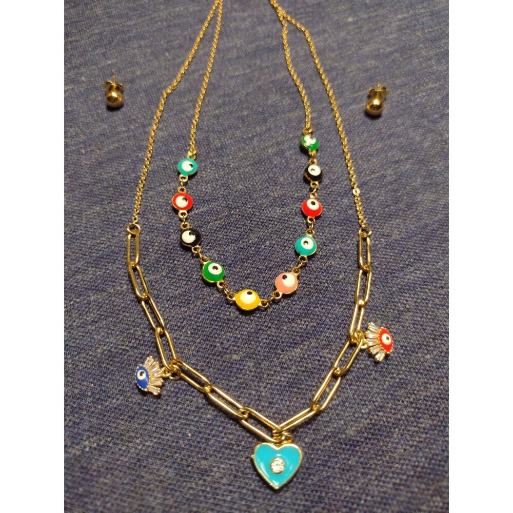 Gold Tone Necklace stainless steel  Charms And Heart With Gold Sphere Earings